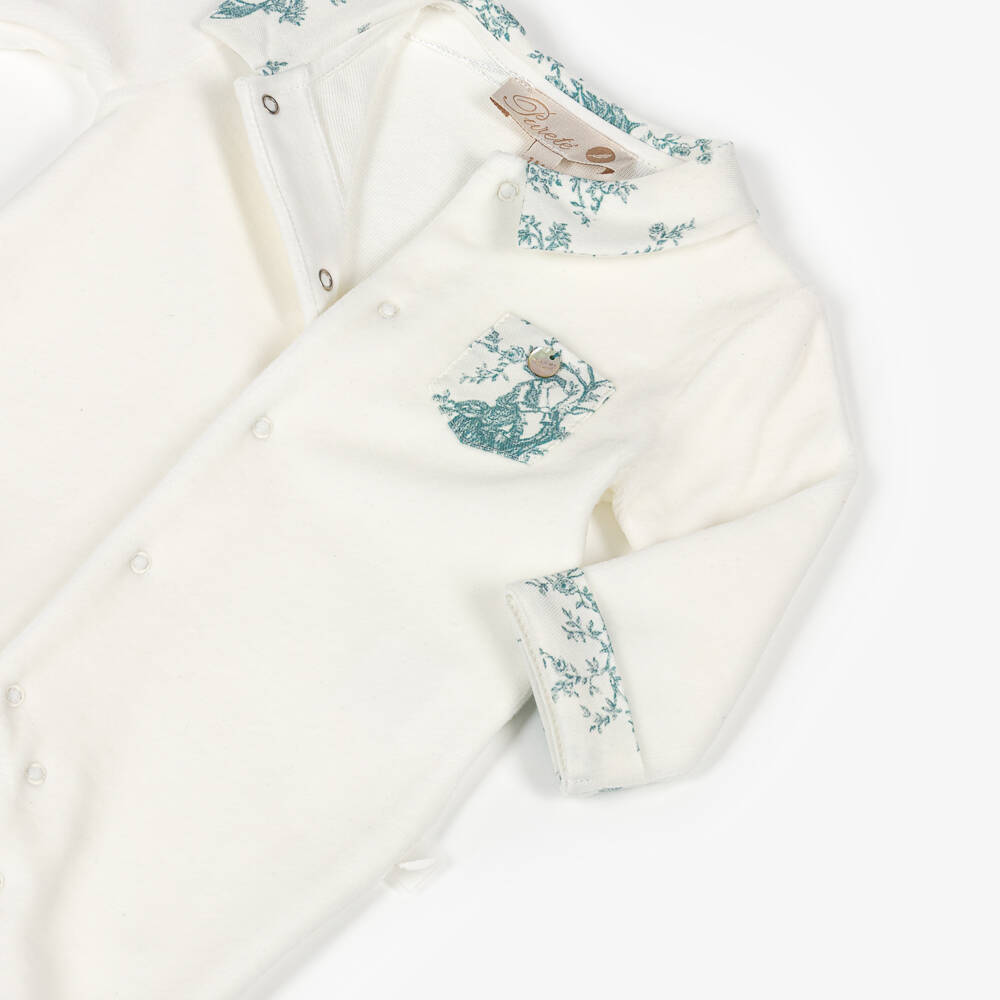 Pureté Du... Bébé-Ivory Velour Babygrow with Green Toile De Jouy Trims | Childrensalon