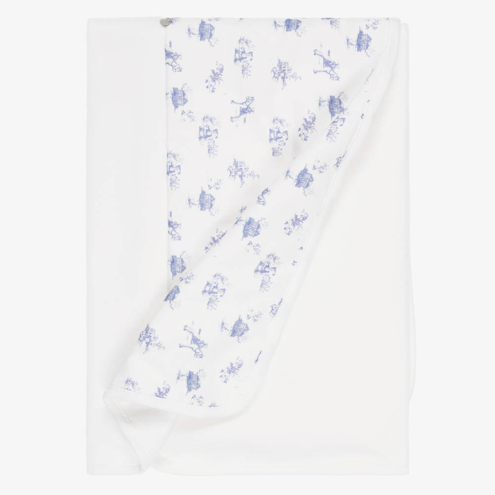 Pureté Du... Bébé-Ivory Velour Blanket with Blue Toile De Jouy Pattern (75cm) | Childrensalon