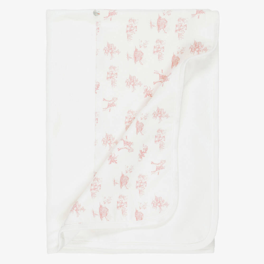 Pureté Du... Bébé-Ivory Velour Blanket with Pink Toile De Jouy Pattern (75cm) | Childrensalon