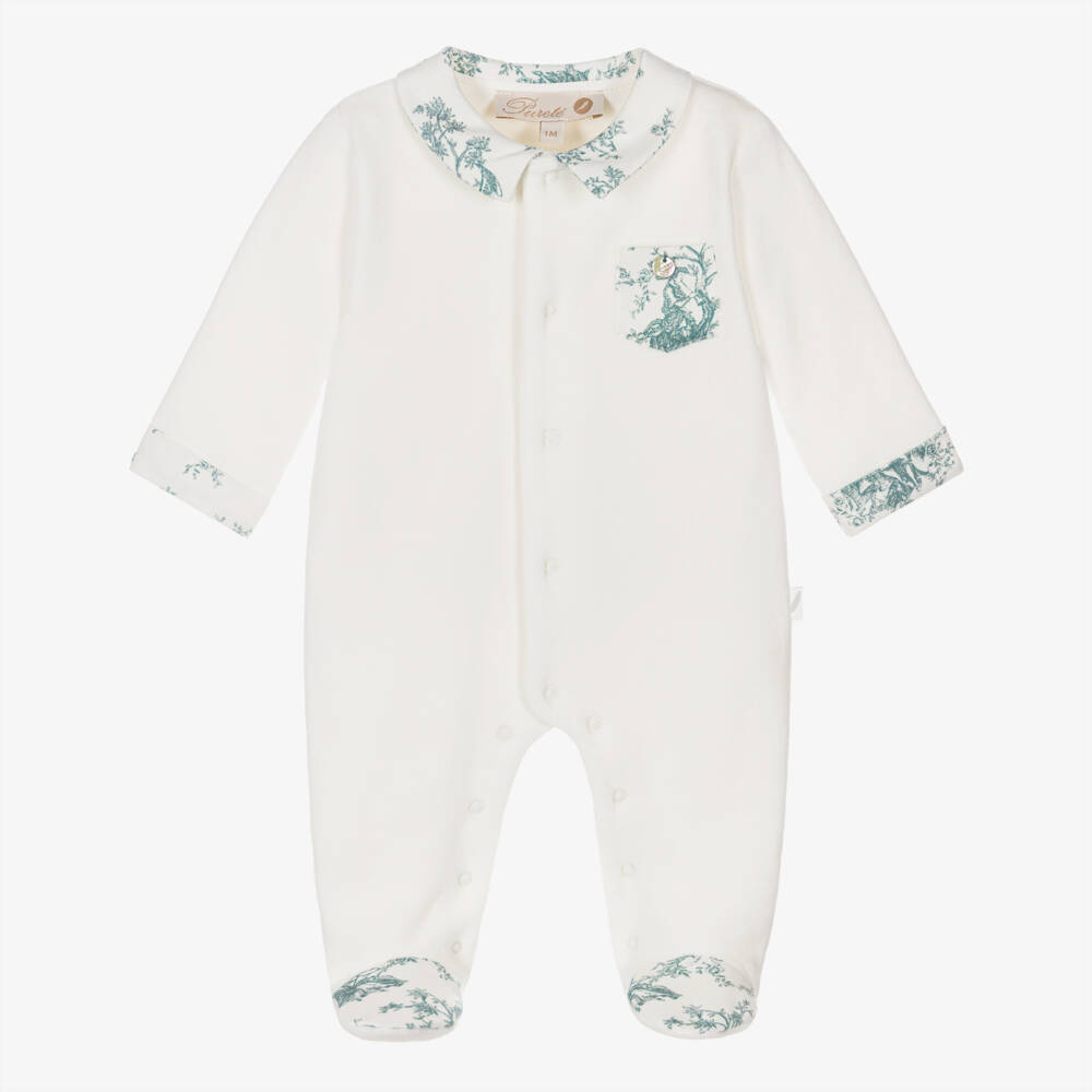 Pureté Du... Bébé-Ivory Velour & Toile De Jouy Babygrow | Childrensalon