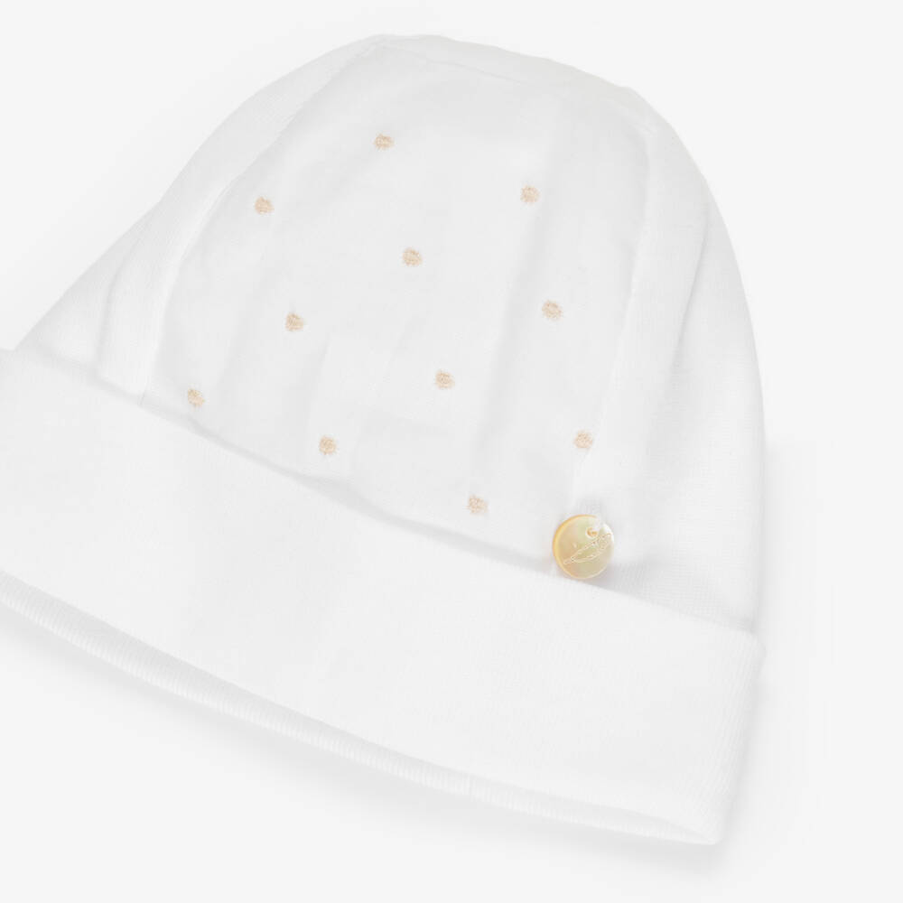 Pureté Du... Bébé-White & Beige Cotton Layette Hat with Embroidered Dots | Childrensalon