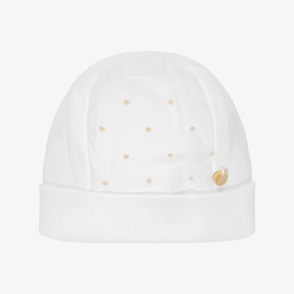 Pureté Du... Bébé-White & Beige Cotton Layette Hat with Embroidered Dots | Childrensalon