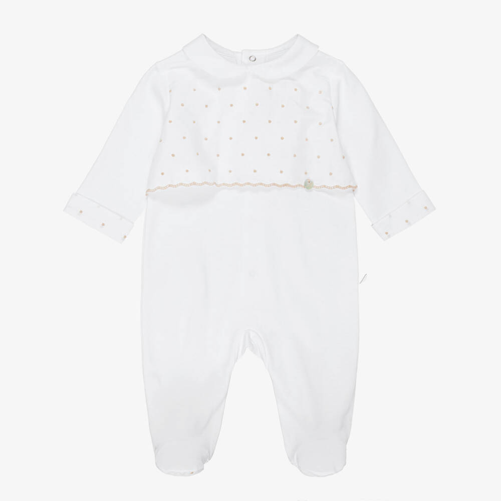 Pureté Du... Bébé-White & Beige Embroidered Cotton Babygrow | Childrensalon
