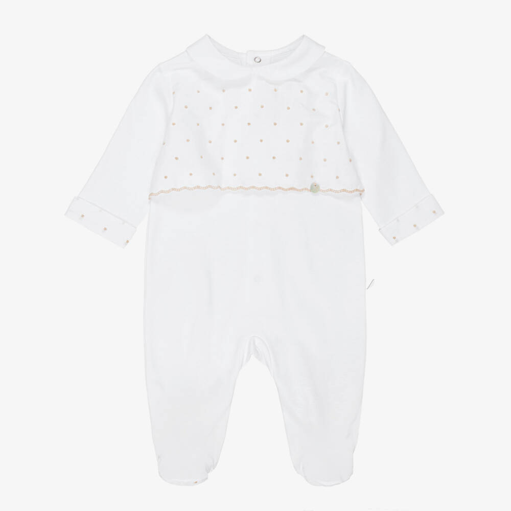 Pureté Du... Bébé-White & Beige Embroidered Cotton Babygrow | Childrensalon