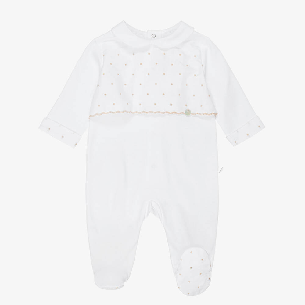 Pureté Du... Bébé-White & Beige Embroidered Cotton Babygrow | Childrensalon