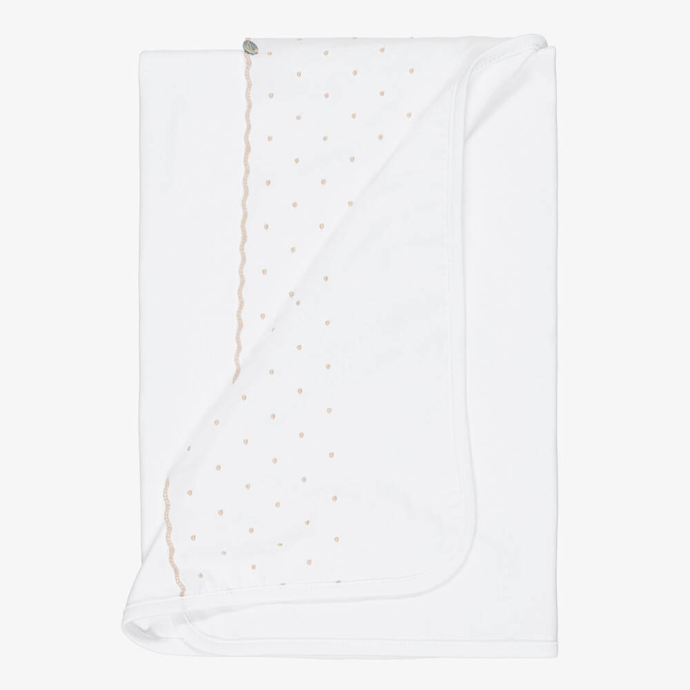 Pureté Du... Bébé-White & Beige Embroidered Cotton Blanket (74cm) | Childrensalon