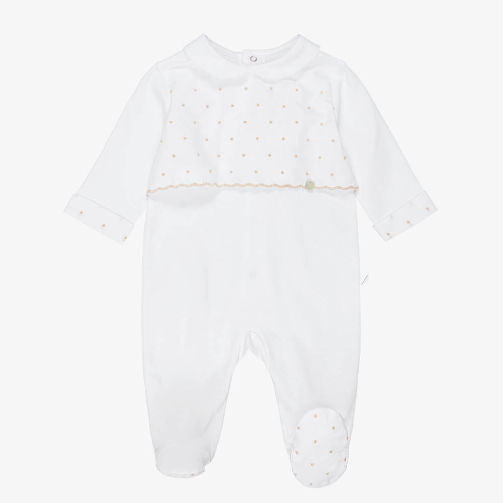 Pureté Du... Bébé-White & Beige Embroidered Cotton Jersey Babygrow | Childrensalon