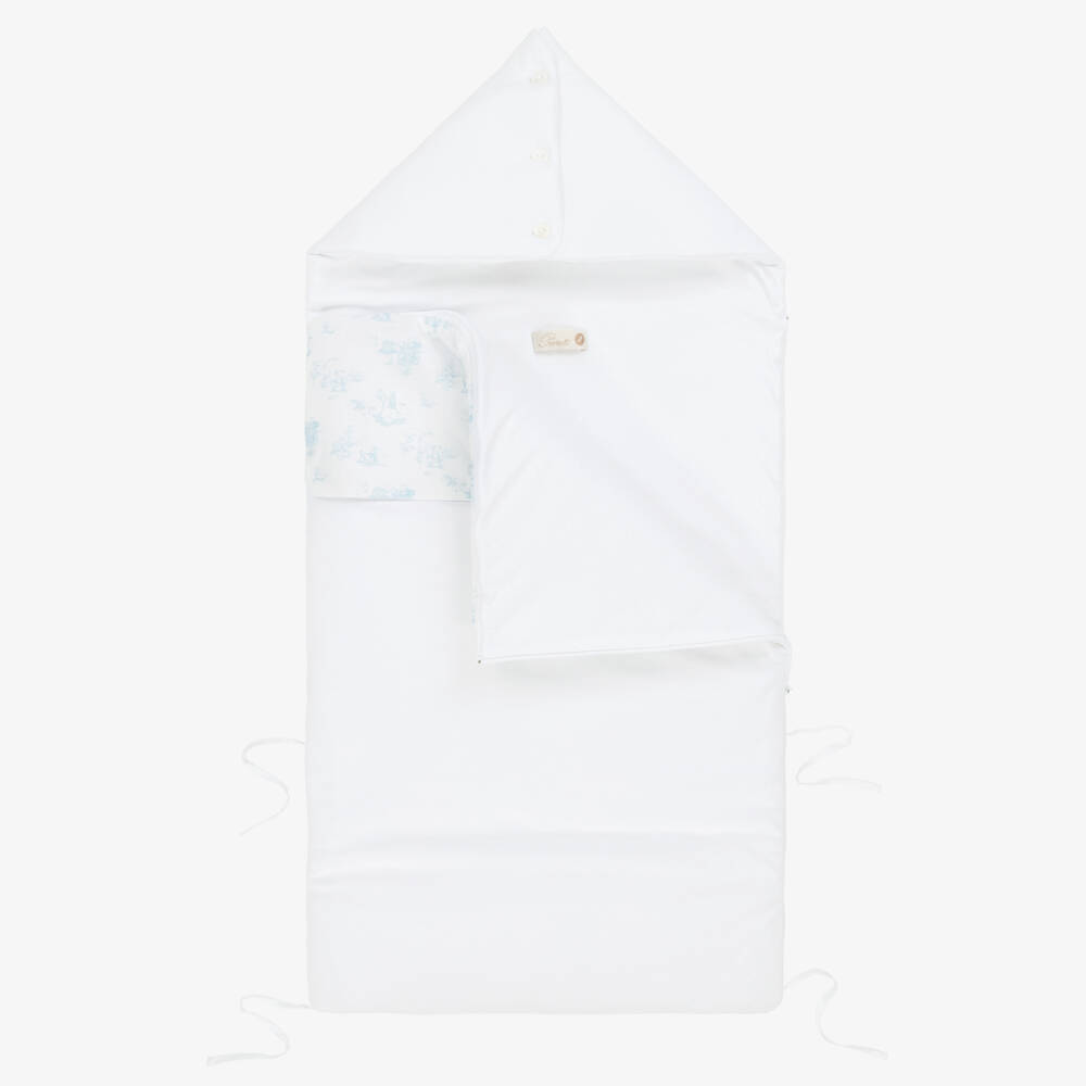 Pureté Du... Bébé-White & Blue Cotton Toile de Jouy Nest (88cm) | Childrensalon