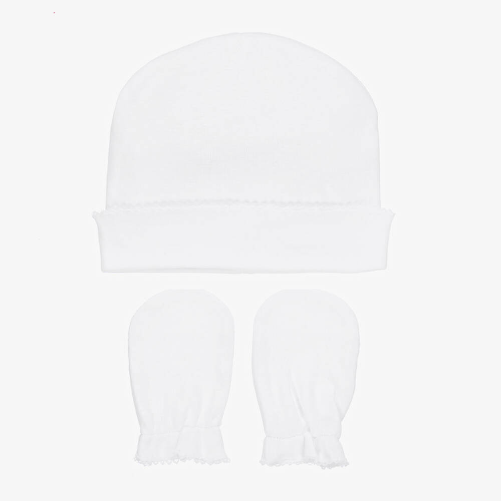 Pureté Du... Bébé-White Cotton Baby Hat & Mittens Set | Childrensalon