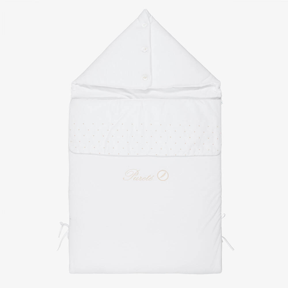 Pureté Du... Bébé-White Cotton Jersey Baby Nest with Beige Embroidery (90cm) | Childrensalon
