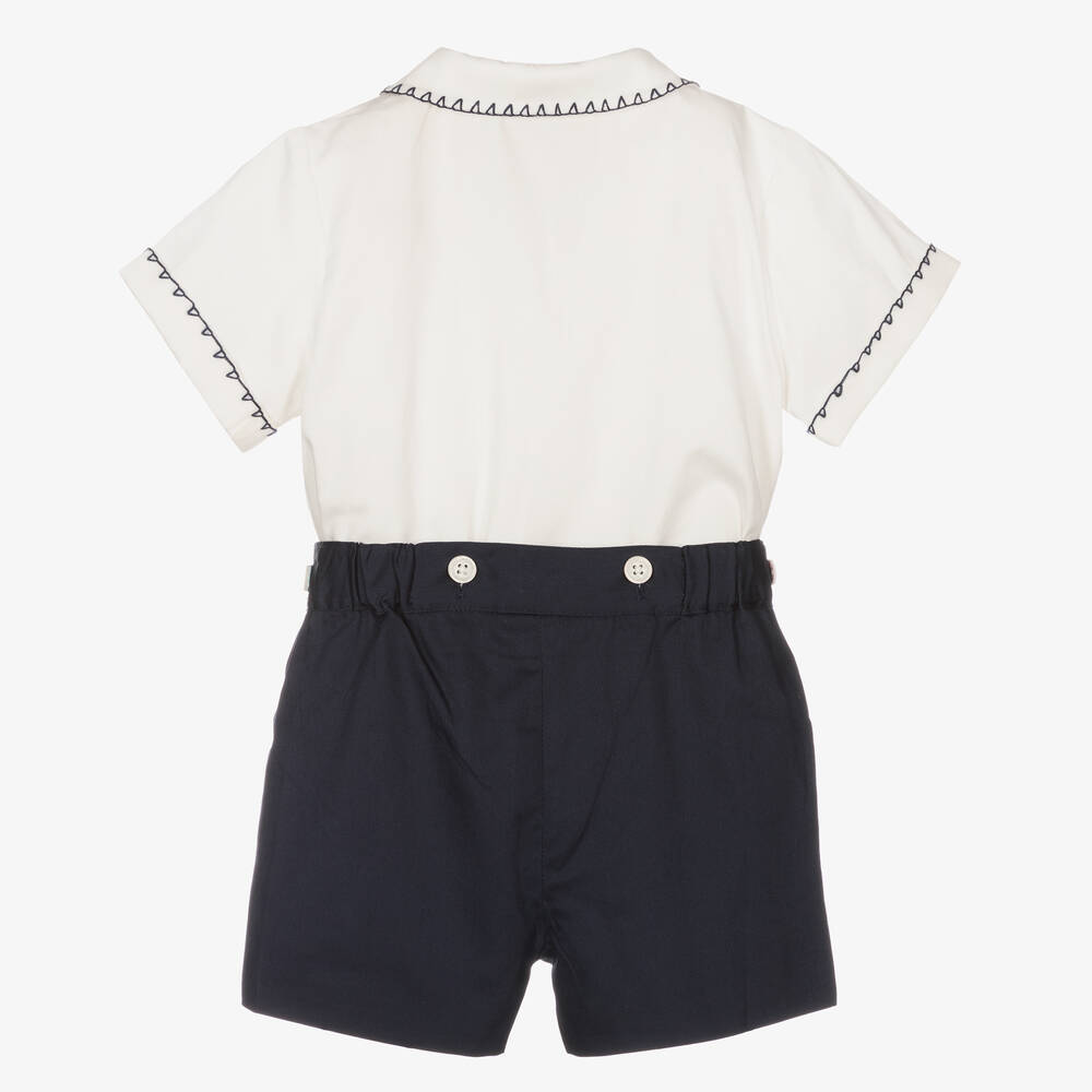 Rachel Riley-Baby Boys Navy Blue Smocked Buster Suit | Childrensalon