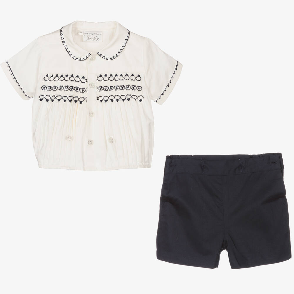 Rachel Riley-Baby Boys Navy Blue Smocked Buster Suit | Childrensalon