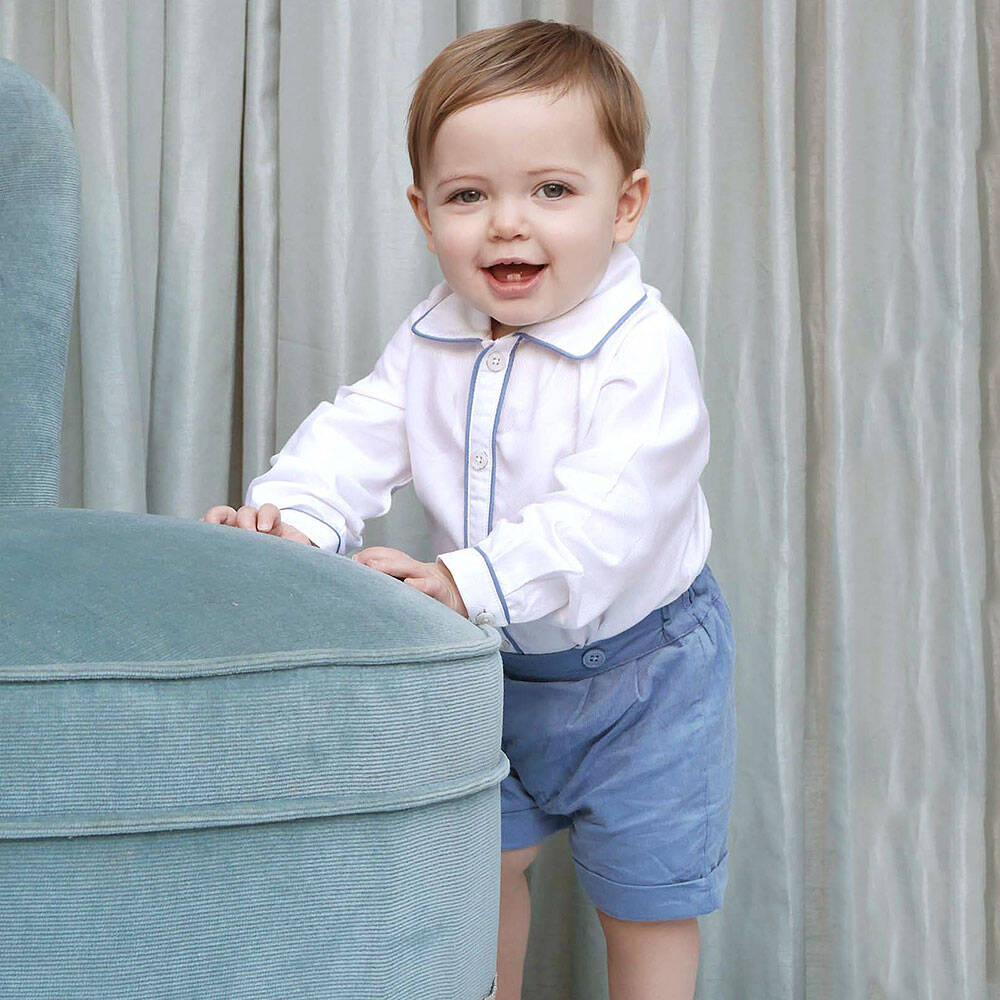 Rachel Riley-Boys Blue & Ivory Cotton Buster Suit | Childrensalon