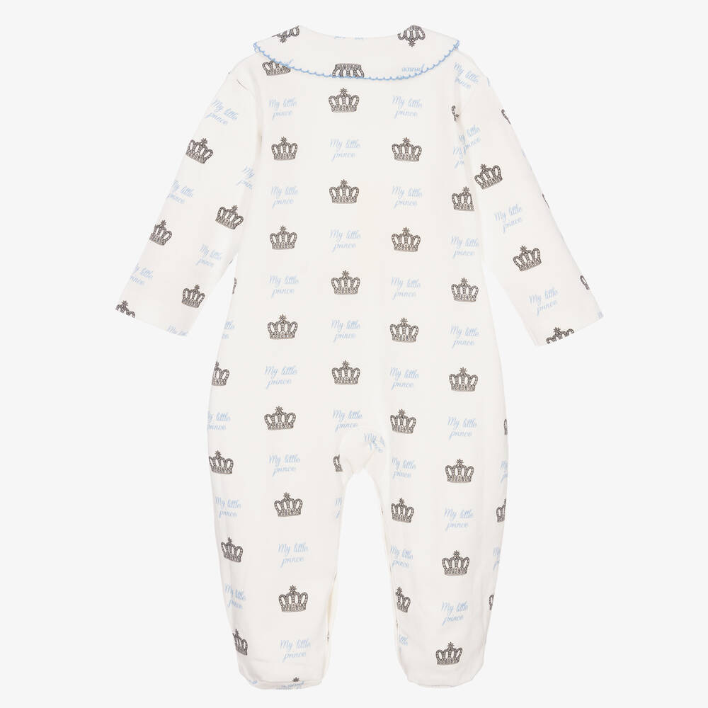 Rachel Riley-Boys Ivory & Blue Cotton Crown Babygrow | Childrensalon