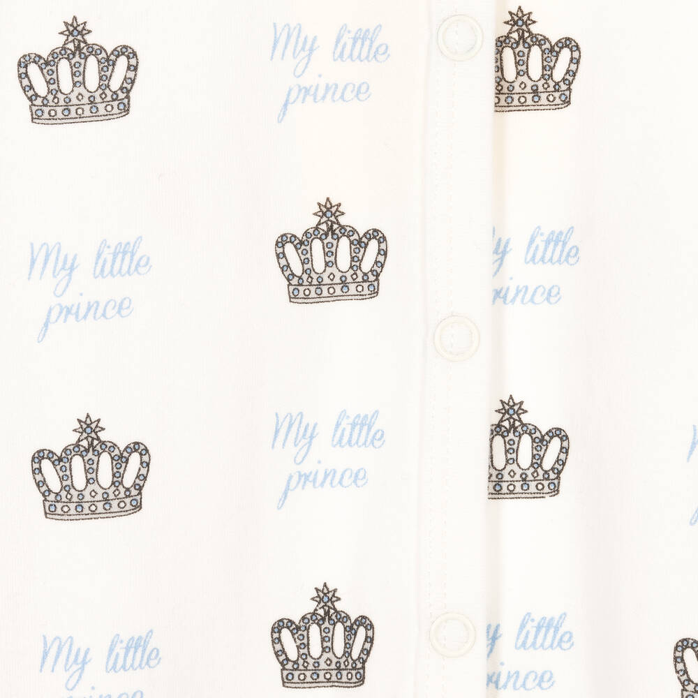 Rachel Riley-Boys Ivory & Blue Cotton Crown Babygrow | Childrensalon