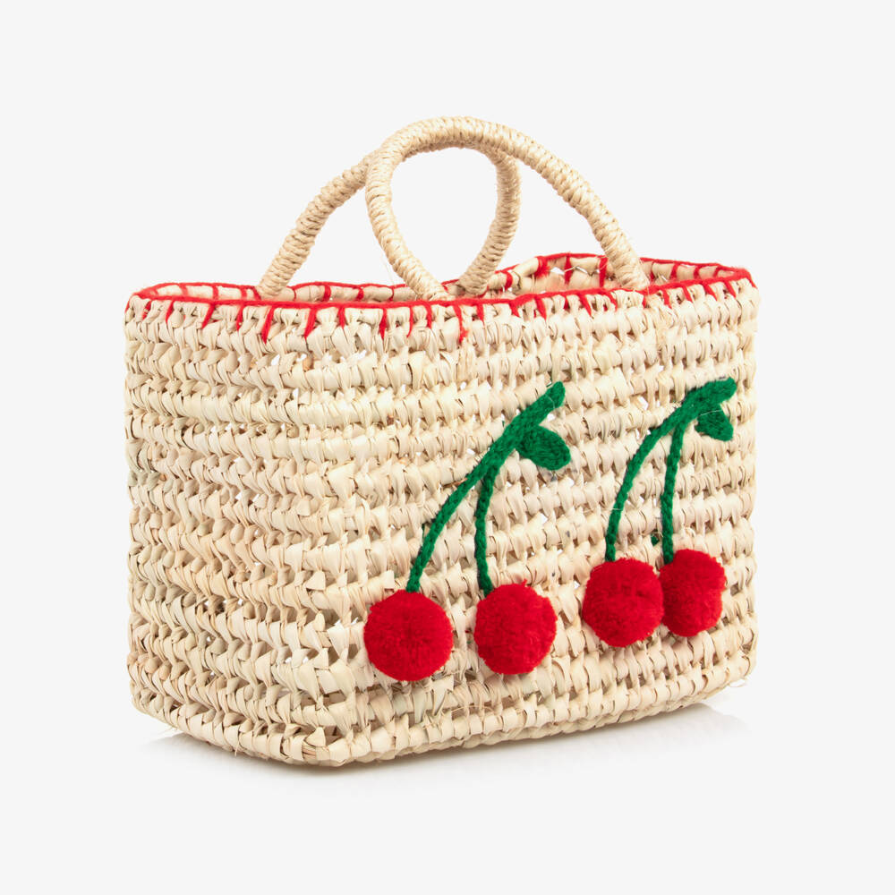 Rachel Riley-Girls Beige Cherry Straw Bag (22cm) | Childrensalon