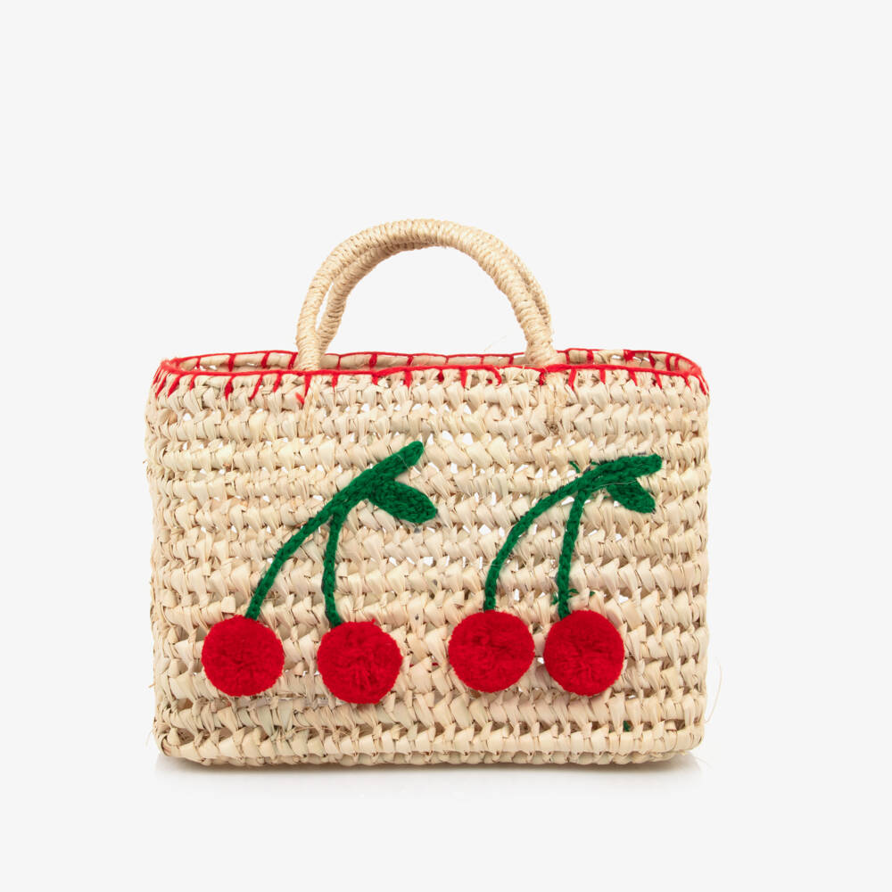 Rachel Riley-حقيبة قش مطرزة بالكرز لون بيج للبنات (22 سم) | Childrensalon