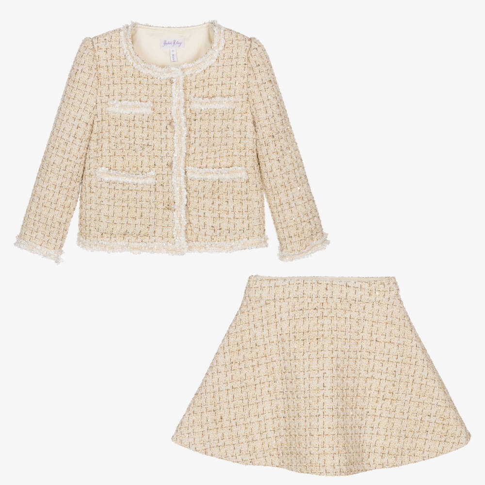 Rachel Riley-طقم تنورة تويد لون عاجي وذهبي للبنات | Childrensalon