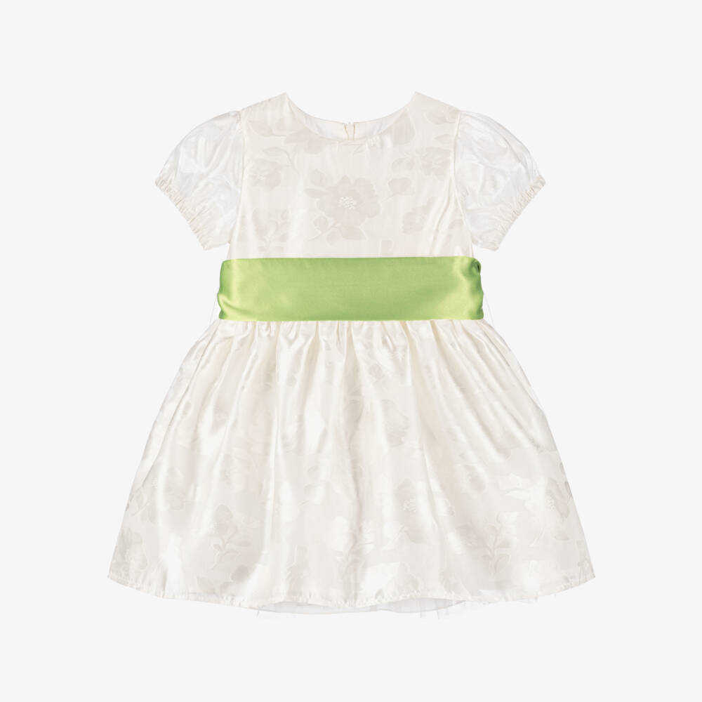 Rachel Riley-Girls Ivory Organza Jacquard Dress & Green Sash | Childrensalon