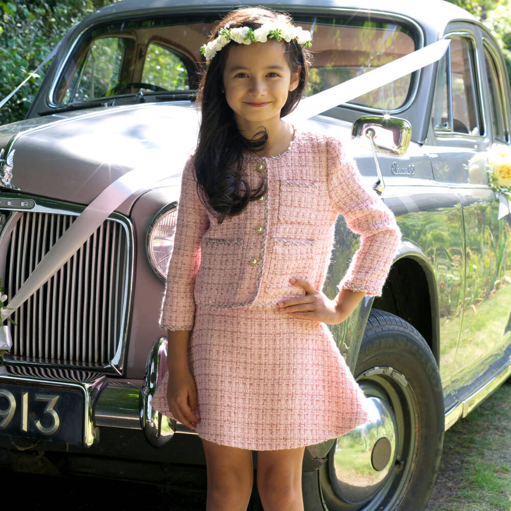 Rachel Riley-Girls Pink Tweed Skirt Set | Childrensalon