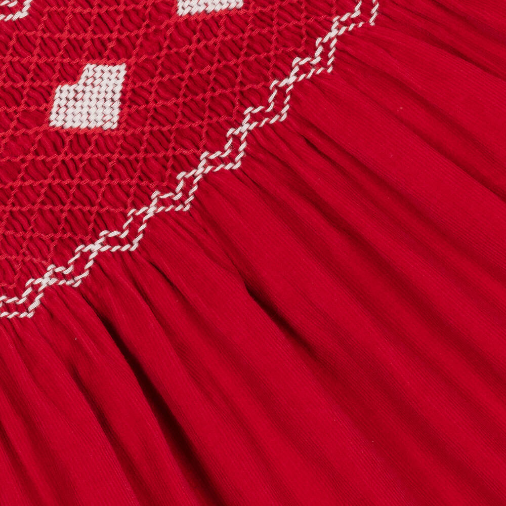 Rachel Riley-فستان تطريز سموك باليد قطن لون أحمر | Childrensalon