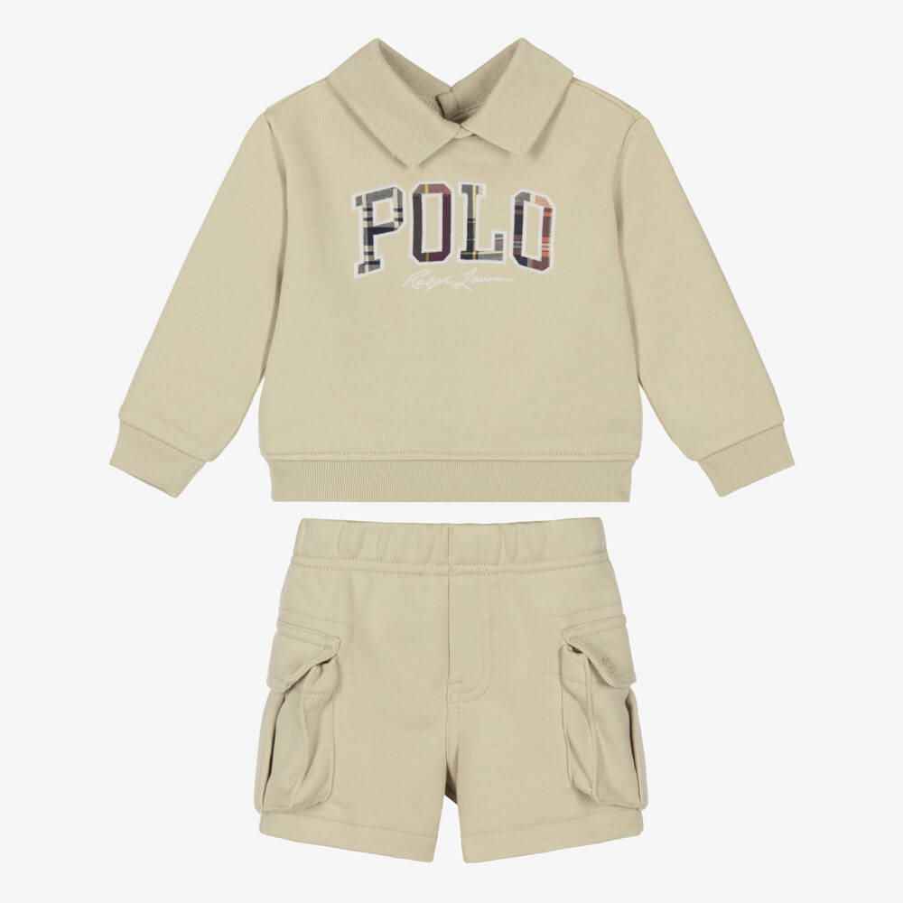 Ralph Lauren-Baby Boys Beige Cargo Shorts Set with Tartan Lettering | Childrensalon