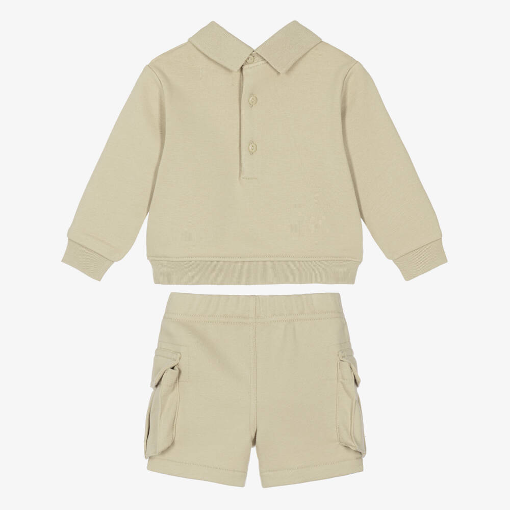 Ralph Lauren-Baby Boys Beige Cargo Shorts Set with Tartan Lettering | Childrensalon