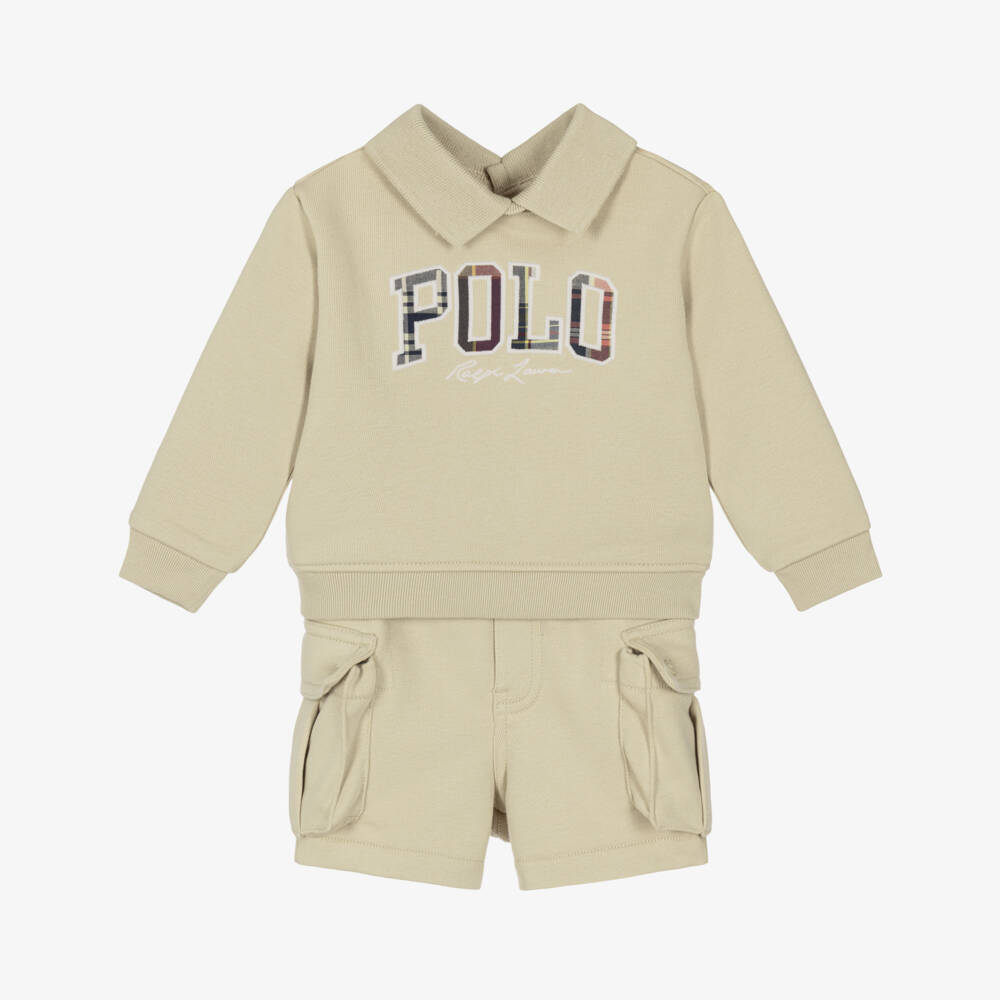 Ralph Lauren-Baby Boys Beige Cargo Shorts Set with Tartan Lettering | Childrensalon
