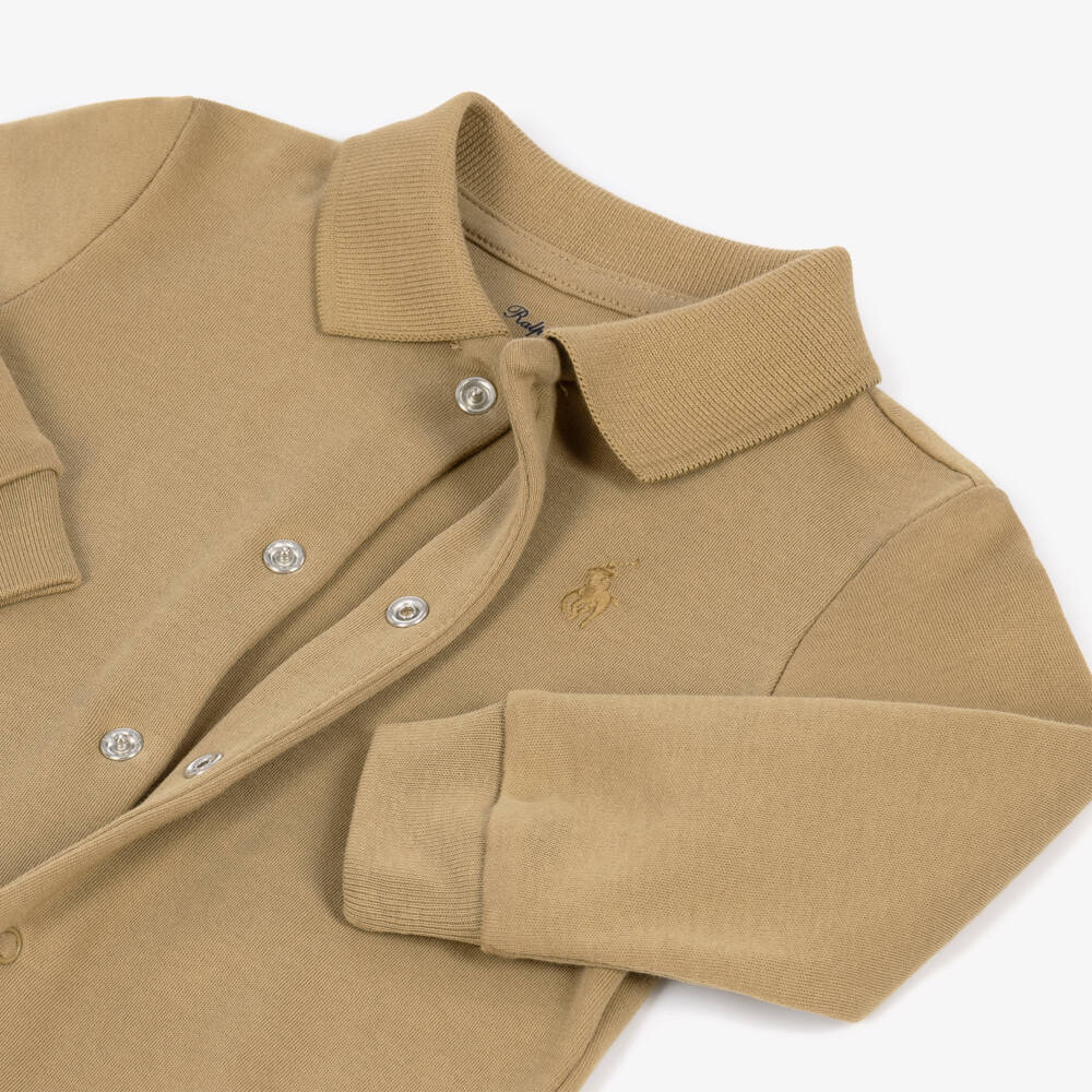 Ralph Lauren-Baby Boys Beige Cotton Jersey Romper with Collar | Childrensalon