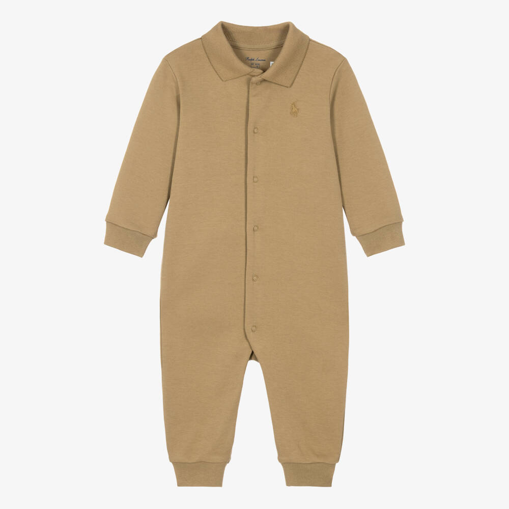 Ralph Lauren-Baby Boys Beige Cotton Jersey Romper with Collar | Childrensalon