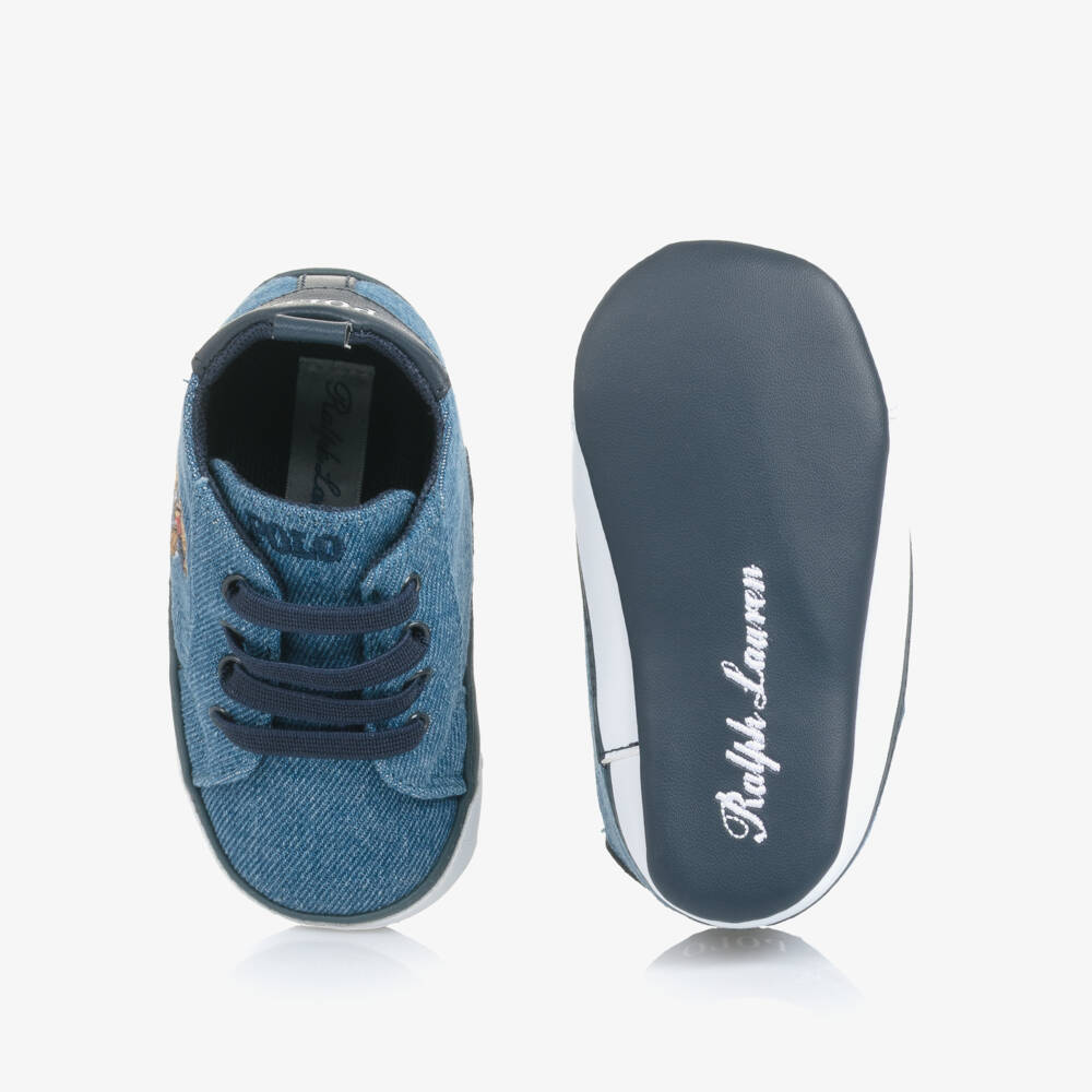 Ralph Lauren-Baby Boys Blue Denim Polo Bear Pre-Walker Trainers | Childrensalon