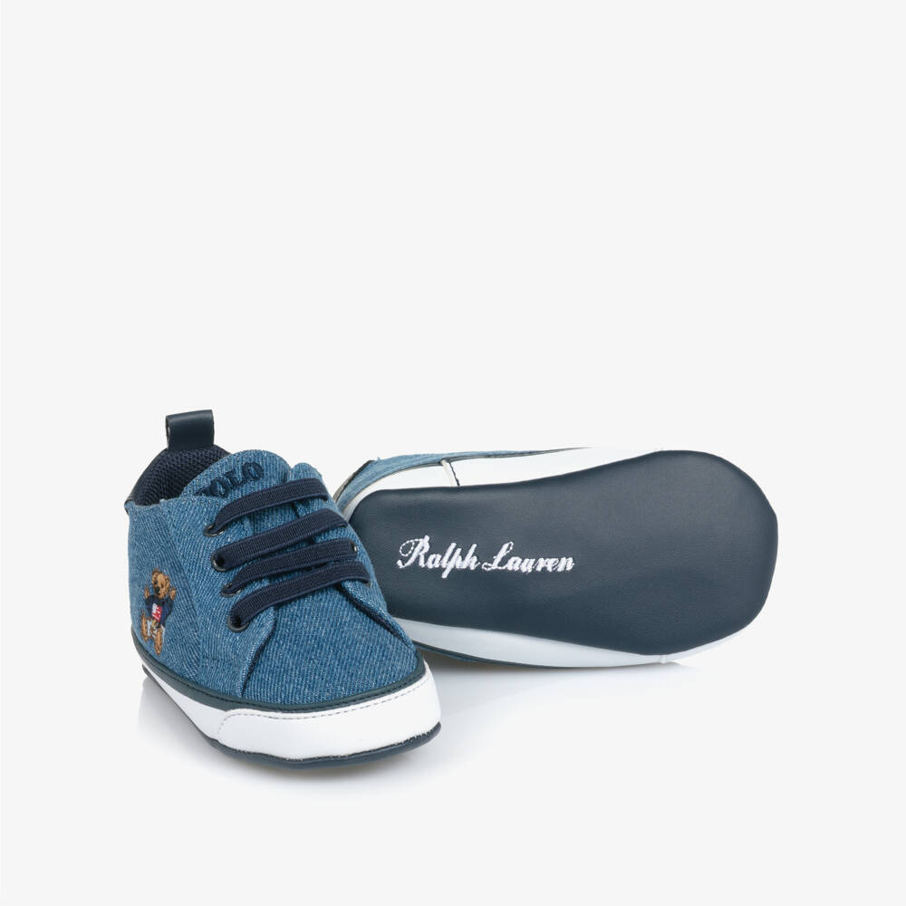 Ralph Lauren-Baby Boys Blue Denim Polo Bear Pre-Walker Trainers | Childrensalon