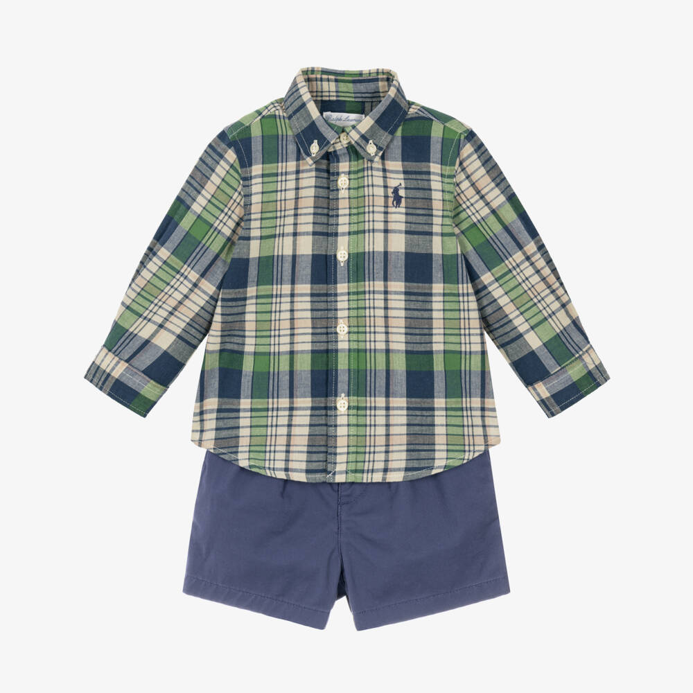 Ralph Lauren-Baby Boys Blue & Green Check Shirt & Shorts Set | Childrensalon