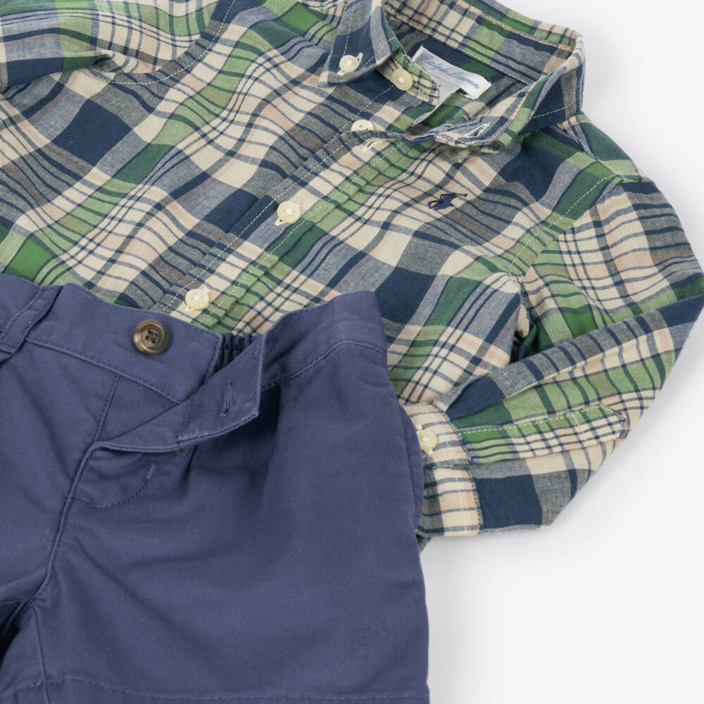 Ralph Lauren-Baby Boys Blue & Green Check Shirt & Shorts Set | Childrensalon