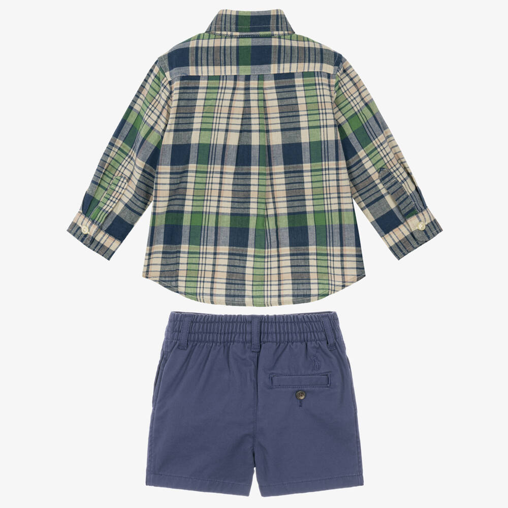 Ralph Lauren-Baby Boys Blue & Green Check Shirt & Shorts Set | Childrensalon