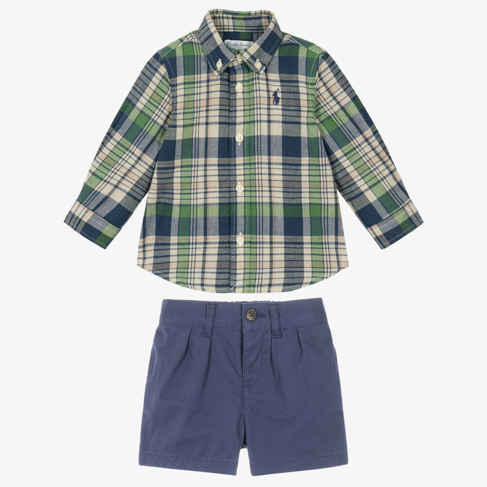 Ralph Lauren-Baby Boys Blue & Green Check Shirt & Shorts Set | Childrensalon