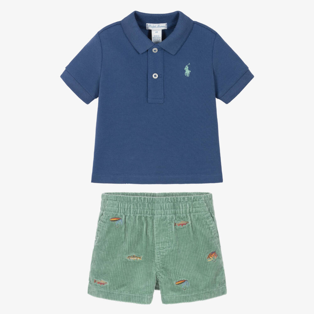 Ralph Lauren-Baby Boys Blue & Green Corduroy Shorts Set | Childrensalon