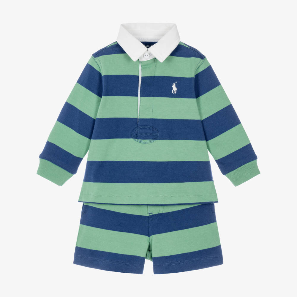 Ralph Lauren-Baby Boys Blue & Green Striped Cotton Rugby Shorts Set | Childrensalon