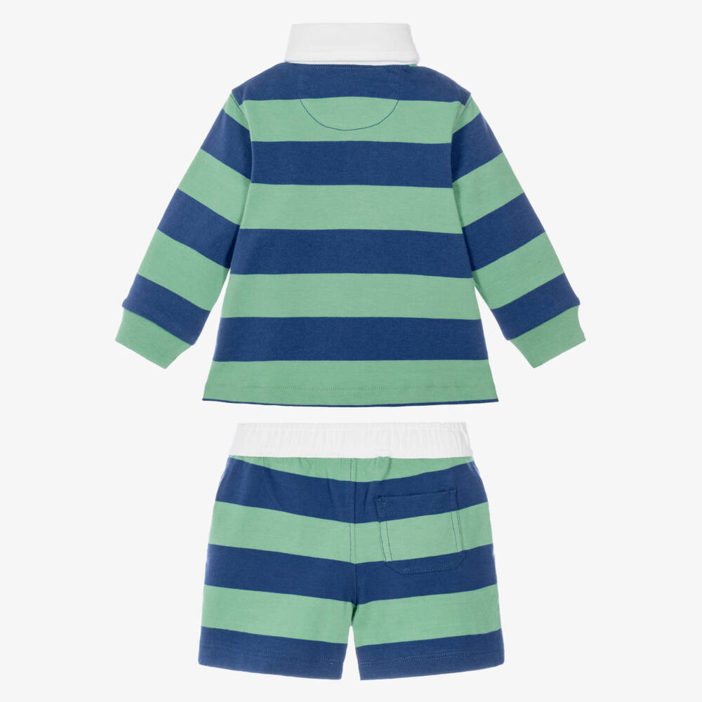Ralph Lauren-Baby Boys Blue & Green Striped Cotton Rugby Shorts Set | Childrensalon