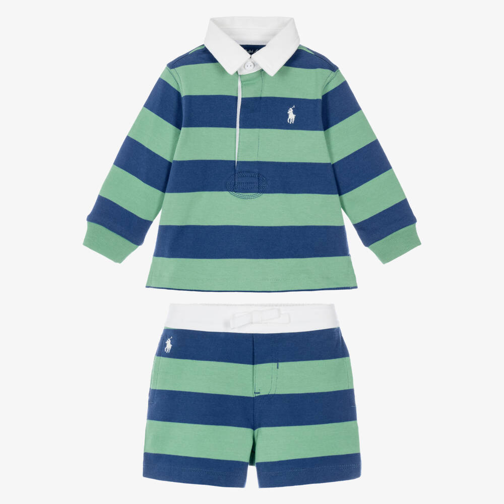 Ralph Lauren-Baby Boys Blue & Green Striped Cotton Rugby Shorts Set | Childrensalon