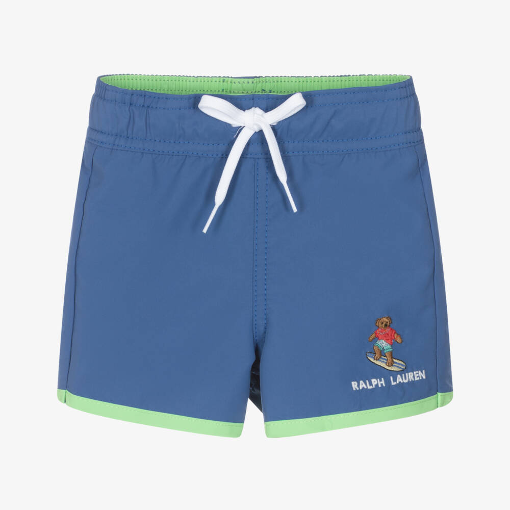 Ralph Lauren-Baby Boys Blue & Green Swim Shorts with Polo Bear | Childrensalon