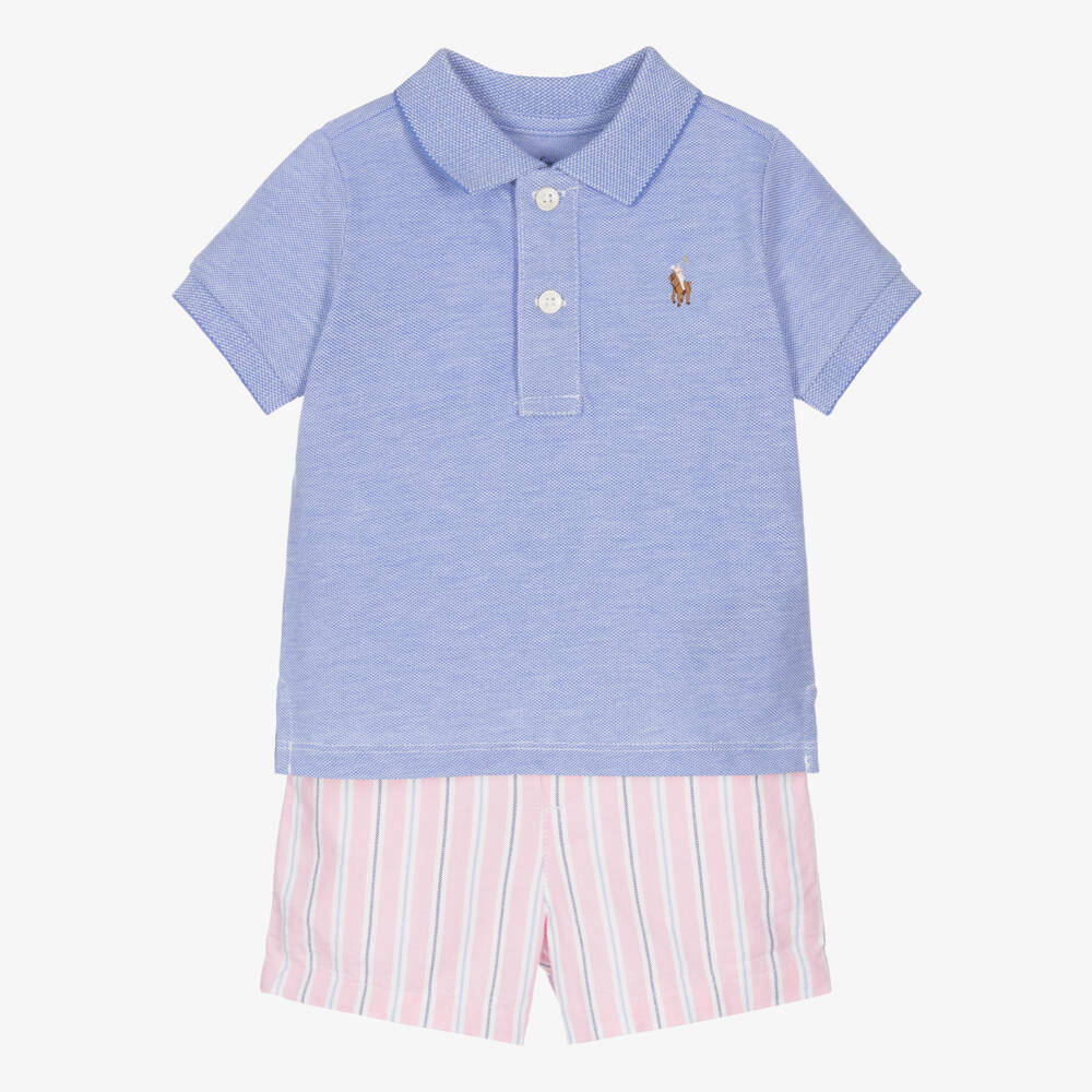 Ralph Lauren-Baby Boys Blue Polo Shirt & Pink Striped Cotton Shorts Set | Childrensalon