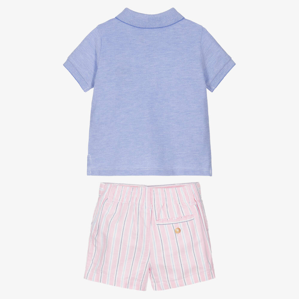 Ralph Lauren-Baby Boys Blue Polo Shirt & Pink Striped Cotton Shorts Set | Childrensalon