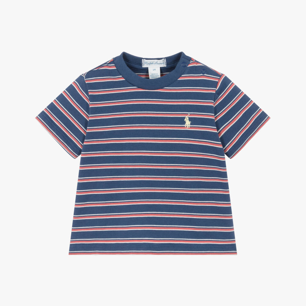 Ralph Lauren-Baby Boys Blue & Red Striped Cotton T-Shirt | Childrensalon