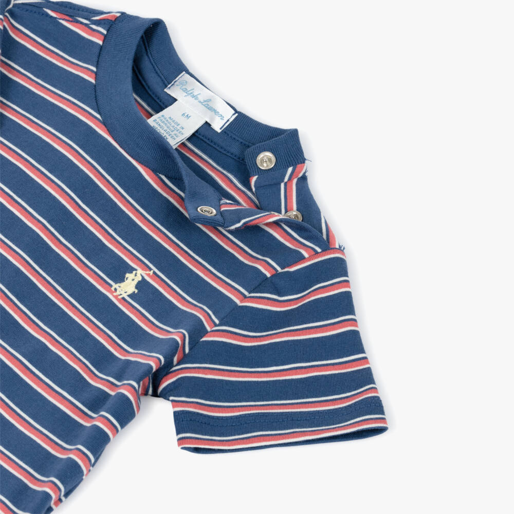 Ralph Lauren-Baby Boys Blue & Red Striped Cotton T-Shirt | Childrensalon