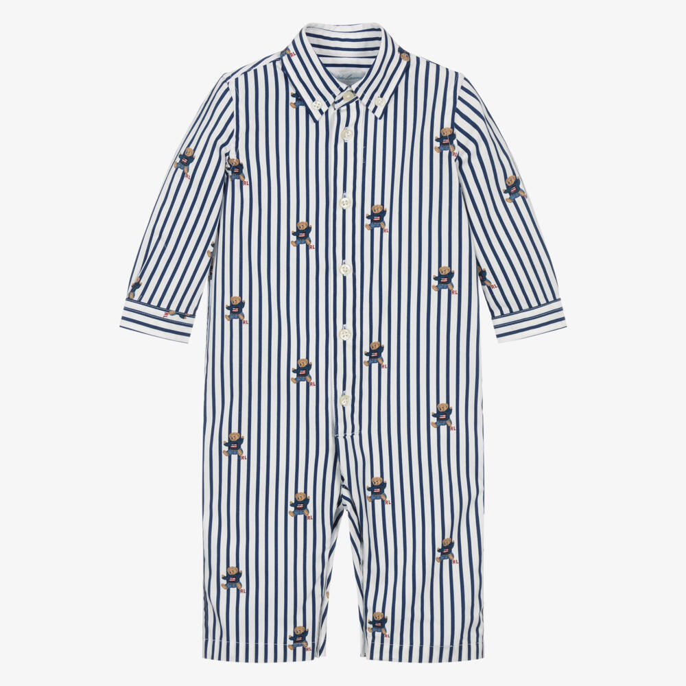 Ralph Lauren-Baby Boys Blue Stripe Cotton Romper with Polo Bear Print | Childrensalon