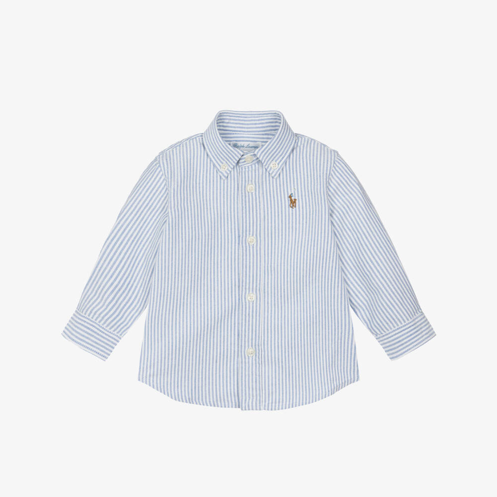 Ralph Lauren-Baby Boys Blue Stripe Oxford Cotton Shirt with Pony Logo | Childrensalon