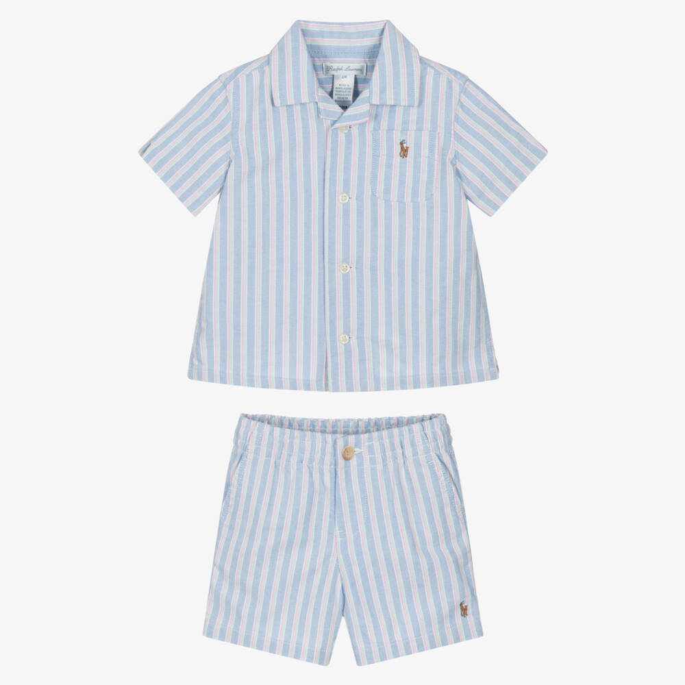Ralph Lauren-Baby Boys Blue Striped Oxford Cotton Shorts Set | Childrensalon