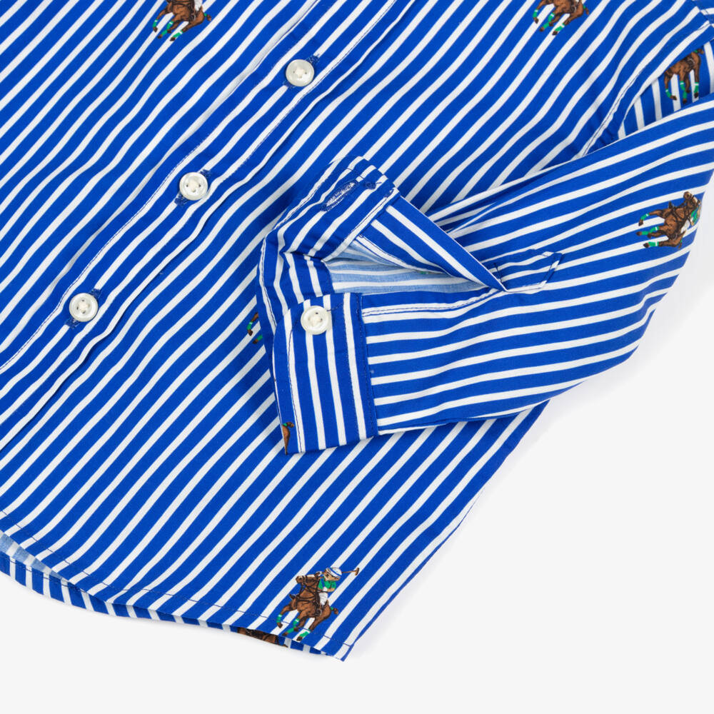 Ralph Lauren-Baby Boys Blue Striped Shirt & Beige Cotton Trouser Set | Childrensalon