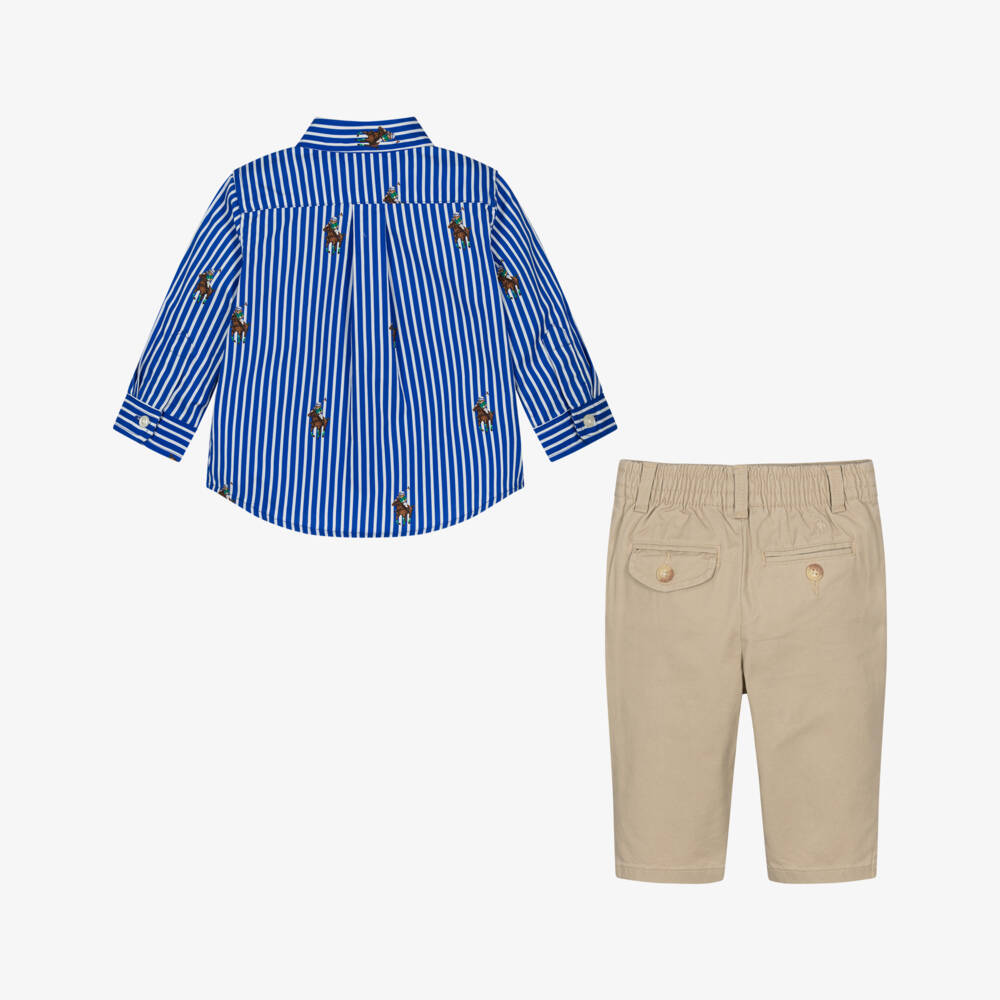 Ralph Lauren-Baby Boys Blue Striped Shirt & Beige Cotton Trouser Set | Childrensalon
